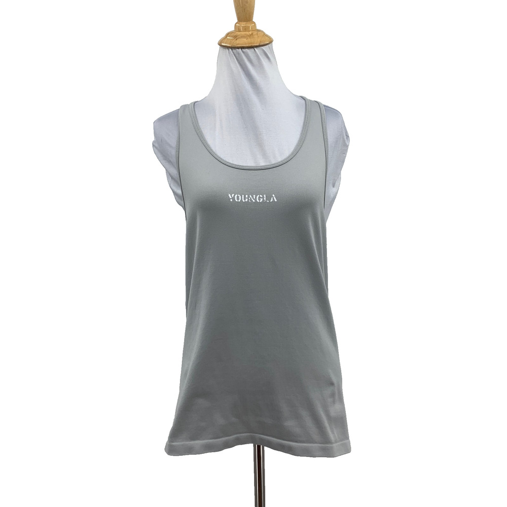 Youngla Tank Top Womens M Medium Gray Racerback Logo Front Muscle Workout Yoga
